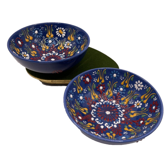 Hand Painted Stamped Turkish Ceramic Bowl Set Of 2 Hand Made 5" Diameter 2" Tall - Picture 3 of 10